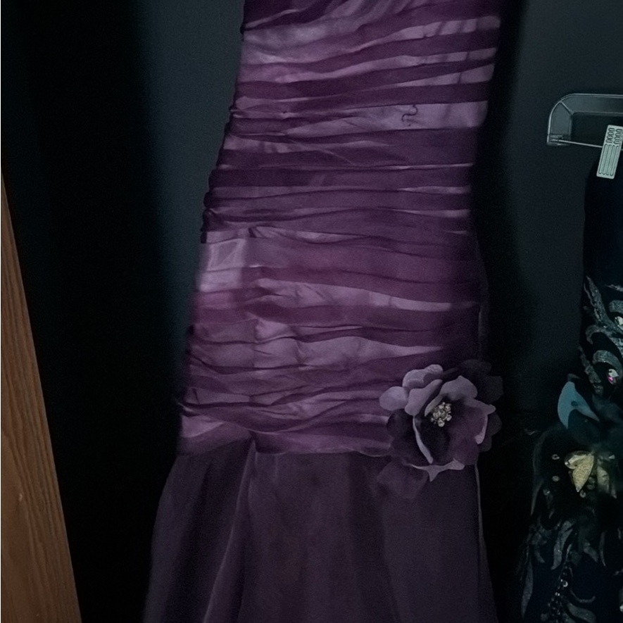 Strapless Purple Ruffled Evening Dress With Floral Accent